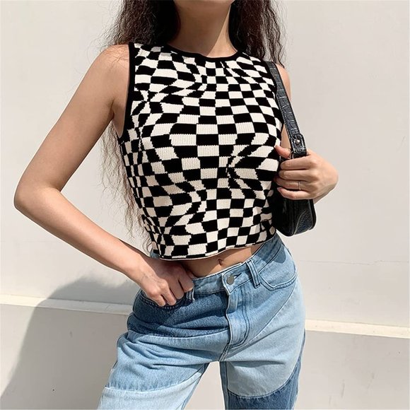 NEW RETRO CHECKERED KNIT CROP TOP - Picture 2 of 6